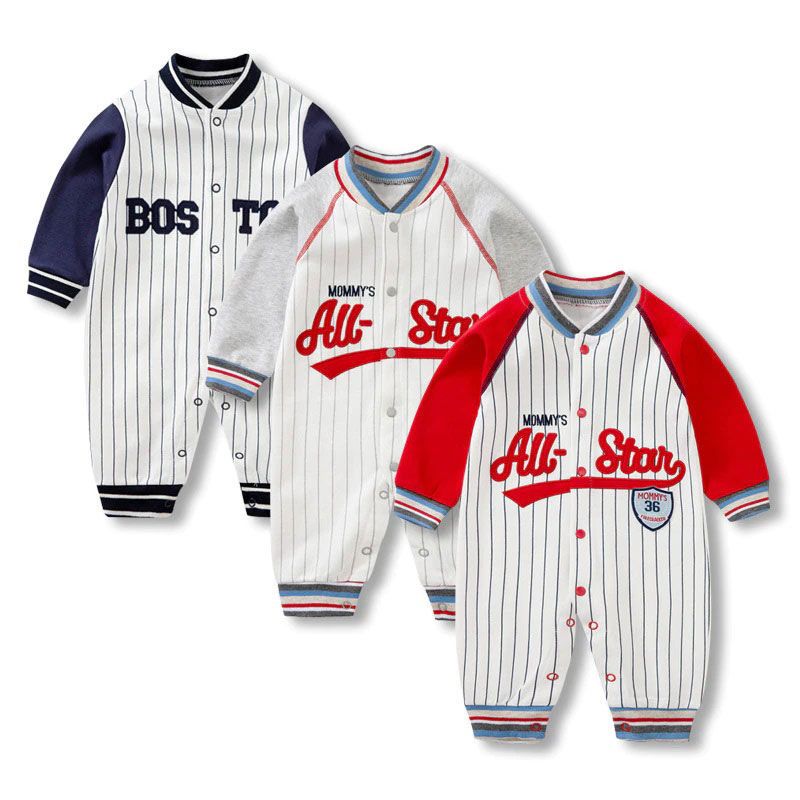 Newborn Baseball All Star Stripe Jersey Romper Red Long Sleeve Snap on - 3 Months