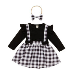 3pcs Baby Girl Letter Print Plaid Long-sleeve Romper and Solid Skirt with Headband Set