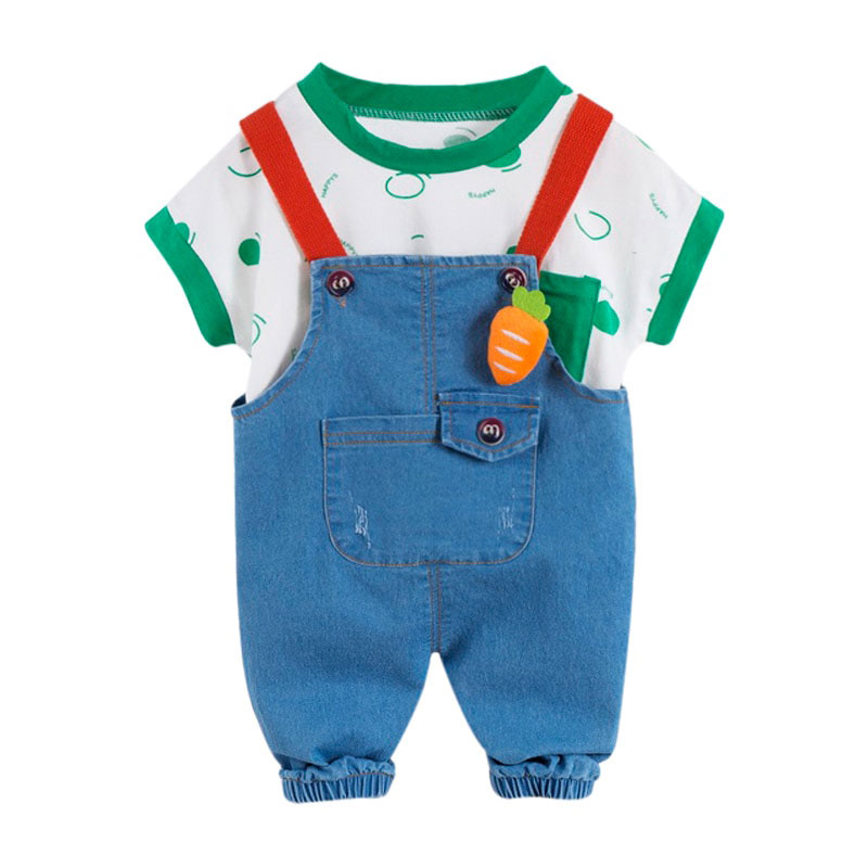Short Sleeve Farmer Outfit Dotted T-Shirt & Denim Overalls with Carrot Plush
